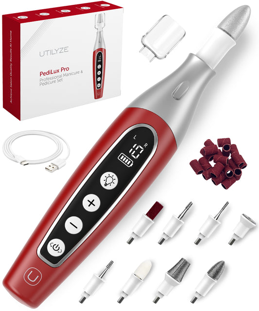 UTILYZE PediLux Pro Professional Manicure Pedicure Kit, Cordless Electric Nail File Drill Set, Thick Toenail Grinder, Toe Nail Dremel Tools, Filer, Buffer, Sander, Remove Cuticles, Callus for Women & Men